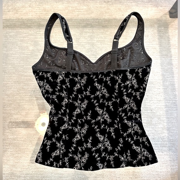 Vintage Valentino Intimo Stretch Corset Top Black Velvet Cream Floral Embroidery - Picture 2 of 5